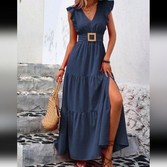 Dresses & Skirts - Ruffle Trim Split Thigh Dress For Summer Vacation